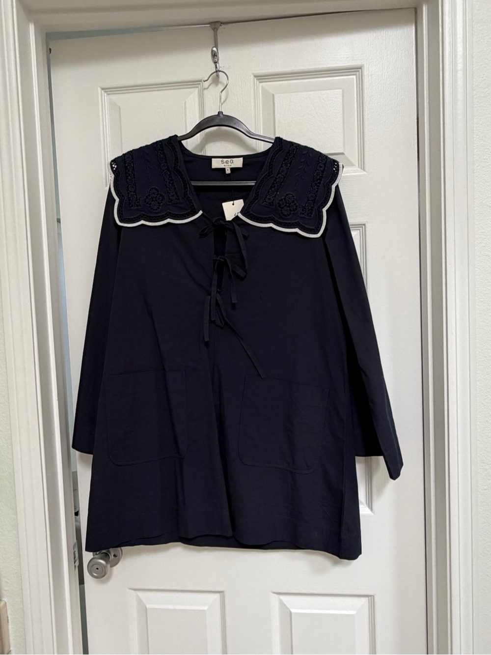 Sea New York Navy Embroidered Tie-Front Dress with Contrast Trim - Picture 3 of 8